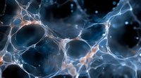 Microscopic view of neural network connections with glowing synapses in blue and orange tones showing brain cell communication patterns against dark background.