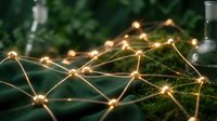 Digital network connections with glowing nodes and lines overlaying green foliage background representing technology integration with nature and connectivity.