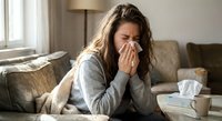 Young woman with long brown hair blowing nose into tissue while sitting on couch at home, feeling unwell with cold or flu symptoms in cozy living room.
