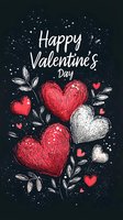 Romantic Valentine's Day greeting card design with red and white sketched hearts, floral elements and typography on dark background with scattered dots.