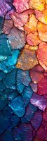 Vibrant abstract mosaic pattern of cracked paint texture in gradient colors from deep blue to orange and pink, creating dramatic artistic background effect.
