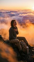 Man sitting on mountain peak above clouds at sunrise, contemplating vast landscape with golden sky. Adventure and travel concept.