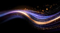 Magical glowing wave with sparkling particles in dark space, flowing golden and purple light trails with bokeh effect and stardust on black background.