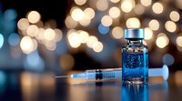 Medical vial with blue liquid and syringe on reflective surface against blurred bokeh lights background, creating modern healthcare atmosphere.