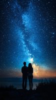 Romantic couple silhouette against vibrant night sky with glowing Milky Way and stars over ocean horizon, creating magical stargazing atmosphere.
