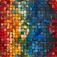 Vibrant mosaic pattern with colorful broken tile pieces creating a gradient from red through orange, yellow, green to deep blue. Perfect for modern interior design, backgrounds and artistic projects.