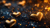 Golden heart shapes with magical sparkles and bokeh effects on dark background create romantic atmosphere for Valentine's Day designs and love themes.