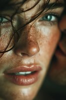 Close-up portrait of young woman with wet skin and tousled hair covering part of face, dramatic lighting creates moody atmosphere for beauty and skincare concepts.
