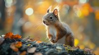 Curious red squirrel in autumn forest with golden bokeh background, alert and attentive amid fallen leaves and mushrooms.