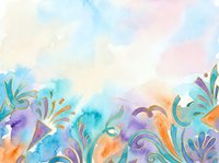 Watercolor floral border with vibrant purple, orange, and teal botanical elements on soft pastel background. Isolated design element for invitations, cards, and creative projects.