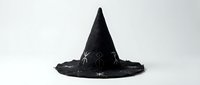 Black witch hat with spider web pattern isolated on white background for Halloween costume party decoration and spooky seasonal celebrations.