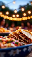 Mexican street tacos with meat filling at outdoor evening party with string lights and festive atmosphere. Authentic cuisine served at garden gathering.