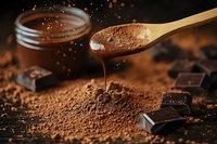 Rich cocoa powder cascading from wooden spoon with dark chocolate pieces and jar, perfect for baking and confectionery applications.