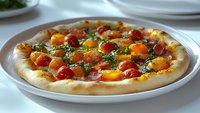 Fresh pizza with colorful cherry tomatoes, herbs and prosciutto on white plate. Close up view of homemade Italian cuisine with melted cheese and crispy crust.