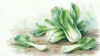 Fresh bok choy vegetables with green leaves and white stems arranged on wooden surface, watercolor style illustration for healthy cooking and nutrition.