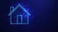 Glowing blue house outline with sparkles and particles on dark background creates futuristic smart home concept for real estate and technology designs.