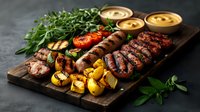 Grilled meat assortment with sausages, steak, vegetables and sauces served on rustic wooden board. Fresh herbs and charred marks add gourmet appeal.