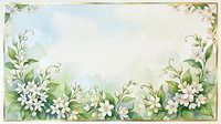 Watercolor floral frame with delicate white flowers and green leaves on soft pastel background for wedding invitations and spring designs.