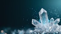 Clear quartz crystal clusters with magical sparkles and light effects against dark teal background, macro photography with selective focus and bokeh elements.