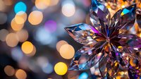 Crystal star ornament with rainbow reflections against colorful bokeh lights background for holiday decorations and festive celebrations.
