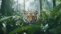 Majestic Bengal tiger peering through lush green foliage in misty jungle environment, fierce predator observing from dense tropical forest undergrowth.