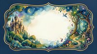 Watercolor fairy tale frame with castle, enchanted forest, mushrooms, and fairies, featuring a blank center space for custom text or design.