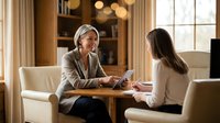 Professional mature businesswoman consulting with young female client in modern office setting during productive meeting.