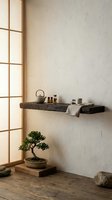 Minimalist Japanese interior with floating wooden shelf, bonsai tree, tea set and natural textures creating serene zen atmosphere for meditation space design.