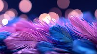 Delicate pink and blue feathers with soft bokeh lights creating dreamy atmosphere. Macro photography captures gentle curves and textures in vibrant neon colors.