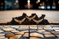 Golden birds silhouettes on black rock against blurred city lights background, artistic outdoor photography composition on stone pavement surface.