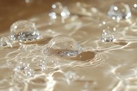 Transparent water drops creating ripple effects on golden liquid surface with bokeh highlights. Macro photography captures surface tension and fluid dynamics.