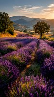 Vibrant purple lavender field at sunset with mountain silhouettes and golden light illuminating rural countryside landscape.
