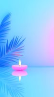 Pink floating candle with reflection on blue gradient background and palm leaves creating zen atmosphere for spa, wellness, and meditation designs.