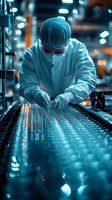 Laboratory technician in protective gear working with test tubes and samples in modern facility with dramatic blue lighting and bokeh effects.