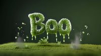 Spooky green moss text spelling BOO on dark background with mystical fog effects, creating eerie Halloween atmosphere for seasonal designs and decorations.