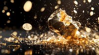 Dramatic explosion of glass bottle with amber liquid shattering into pieces against dark background, surrounded by flying drops and glass shards in golden light.