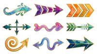 Colorful watercolor arrows and directional symbols in various styles, isolated on white background, ready for design projects, presentations, and graphic layouts.