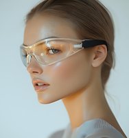 Young woman wearing transparent protective safety glasses in profile view against light background, soft natural lighting highlights facial features and eyewear details.