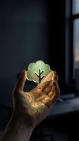 Human hand holding glowing green tree symbol representing environmental protection and sustainability in modern office setting.
