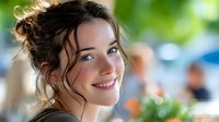 Young Caucasian woman with messy bun hairstyle smiling outdoors with natural green background, conveying happiness and positivity for lifestyle content.
