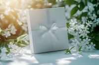 Elegant white gift box with satin bow surrounded by delicate spring cherry blossoms in soft sunlight, creating romantic and festive atmosphere for special occasions.