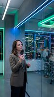 Professional businesswoman analyzing digital strategy flowchart on interactive glass display in modern tech office with neon lighting for corporate presentations.
