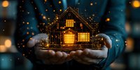 Glowing miniature house held in cupped hands against dark background with magical floating light particles, creating warm and cozy atmosphere for real estate concepts.