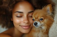 Young African American woman with natural curly hair embracing small Pomeranian dog in warm intimate moment showing bond between pet and owner.