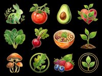 Watercolor vegan and healthy food clipart set with vegetables, fruits, berries, mushrooms, and plants, isolated on transparent background, ready for stickers, t-shirt design, print on demand.