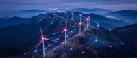 Digital network connections overlaying mountain landscape at twilight with glowing nodes and data pathways representing global connectivity and technology.