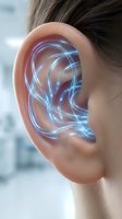 Human ear with glowing blue digital sound waves representing hearing technology, audiology concepts, and sensory perception for medical education.