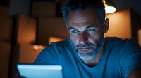 Mature bearded man with gray hair working late at night on laptop, illuminated by blue screen light in dark room, displaying focused concentration.