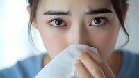 Young Asian woman holding tissue to nose, showing symptoms of seasonal allergies or cold against soft blue background. Healthcare concept.