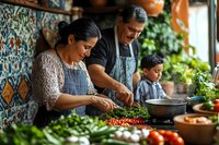 Hispanic family cooking together in kitchen, mother father and son preparing fresh vegetables and herbs, wearing aprons, traditional home cooking scene.